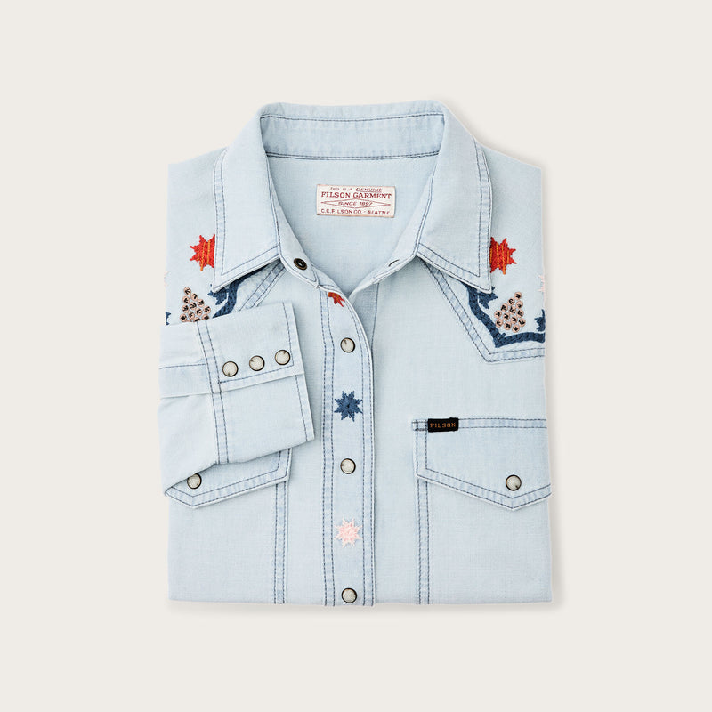 Women's embroidered western shirt par Filson | Light indigo chambray/stars (Blue)