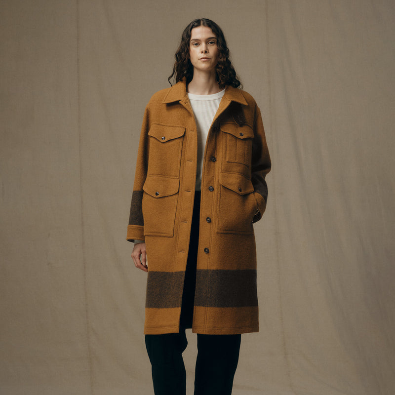 Women's wool long cruiser coat by Filson | Whiskey / black stri (Brown)
