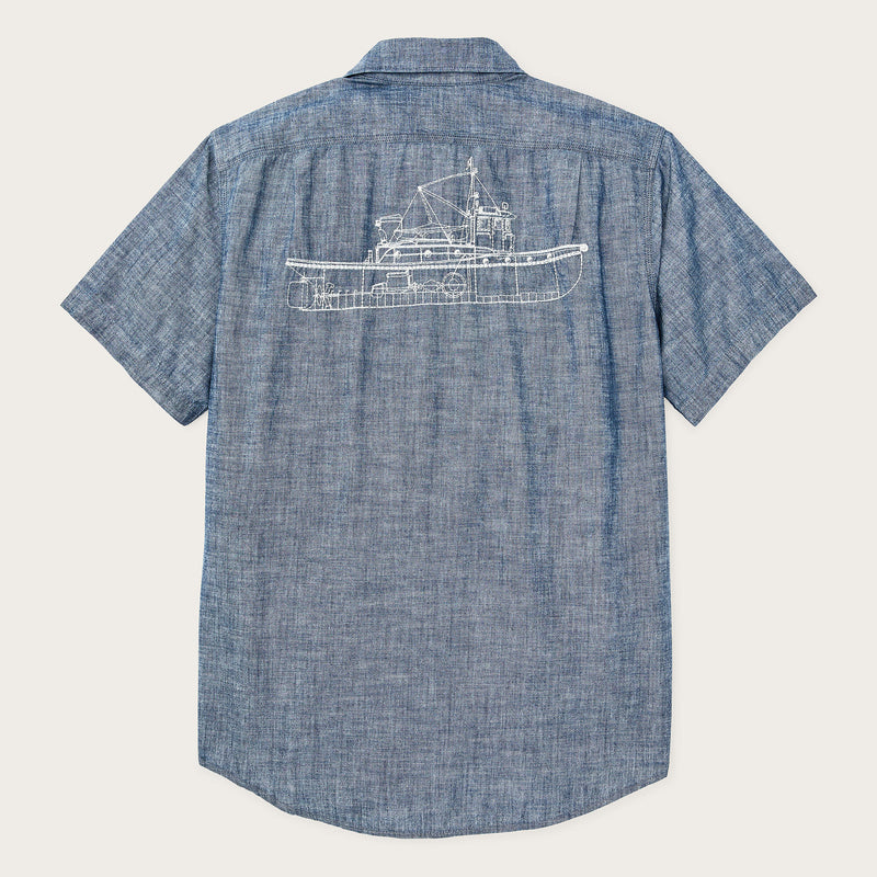 Short sleeve embroidered chambray shirt par Filson | Rinsed indigo chambray (Blue)