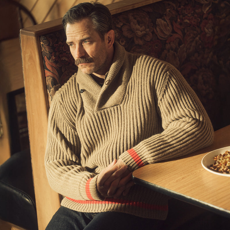 Maglione con collo sciallato bristol di Filson | Oatmeal heather / flame