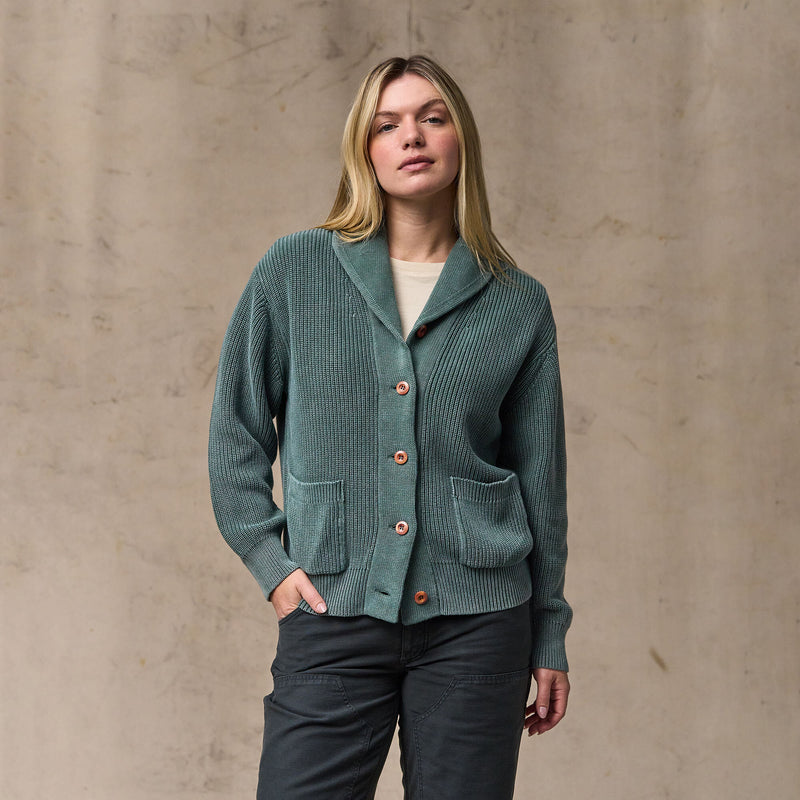 Women's cotton shawl neck cardigan par Filson | Juniper (Green)