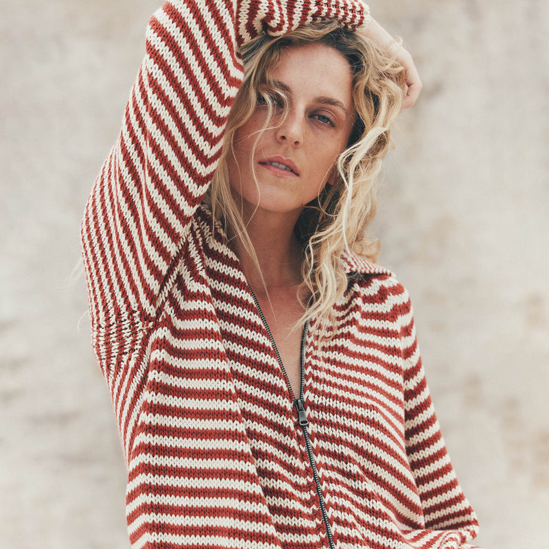 Women's cotton full-zip cardigan par Filson | Brick / sand stripe (Red)