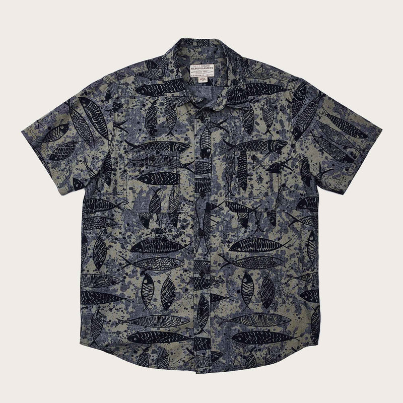 Short sleeve chambray shirt by Filson | Blue ink fish print (Blue)