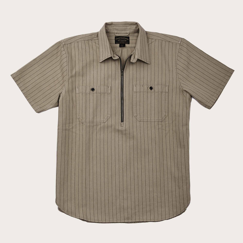 Short sleeve mechanic shirt by Filson | Tan herringbone/ green stripe (Beige)